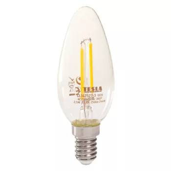   Tesla - LED FILAMENT RETRO gyertyaizzó, E14, 2,5W, 230V, 250lm, 2700K, 360°, clear