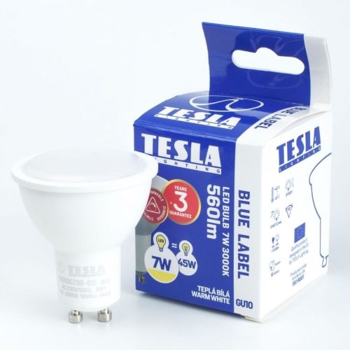 Tesla - LED izzó, GU10, 7W, 230V, 560lm, 100°, 30 000hrs, 3000K (meleg fehér), Ra 80, szabályozható